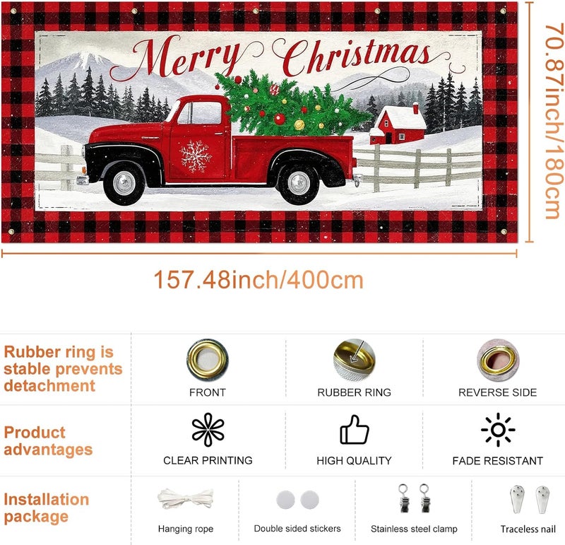 IVN Vintage Red Truck Christmas Tree Mountain Scene Garage door banner Door Cover Indoor And Outdoor Studio Background Hanging Decoration 13x6ft - Image 3